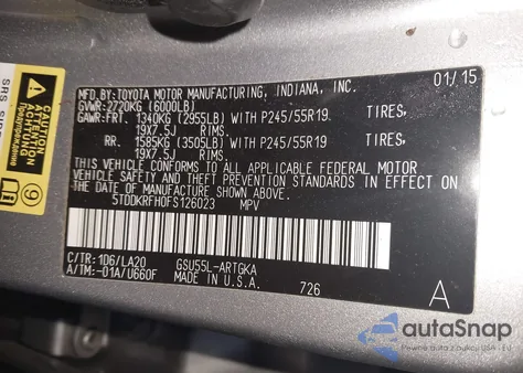 2015 Toyota Highlander Limited V6 z USA, uszkodzony, nr VIN 5TDDKRFH0FS126023